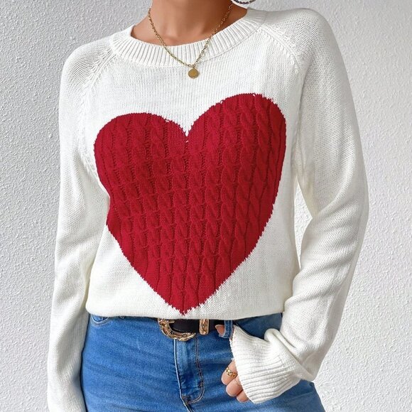 White Casual Womens Women's Heart Patterned Sweater Pullover - Picture 5 of 5